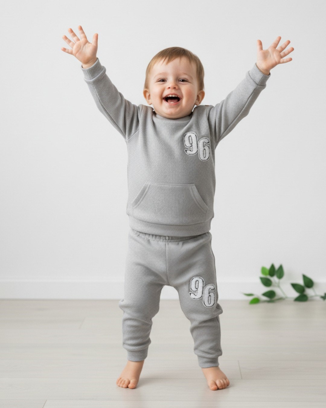Erkek Bebek 96 Nakışlı Waffle Kumaş Mevsimlik 6-9-12-18-24 Ay Uzun Kollu Günlük Bebek Takımı r2137 - GRİ