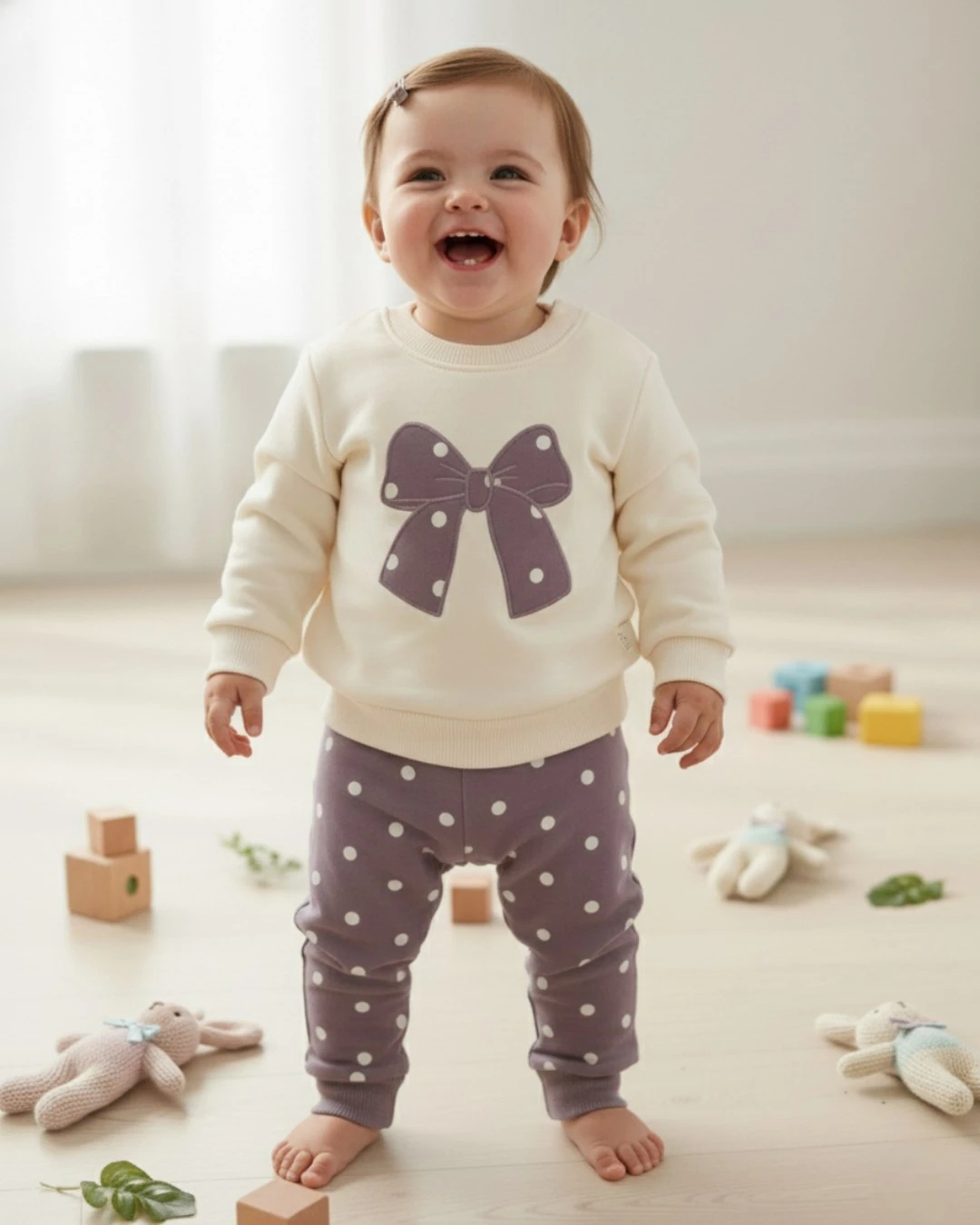 Kız Bebek Fiyonklu Mevsimlik 2'li Takım (6-24 Ay) – Puantiyeli Alt, Nakış Detaylı Üst R2380 - MOR