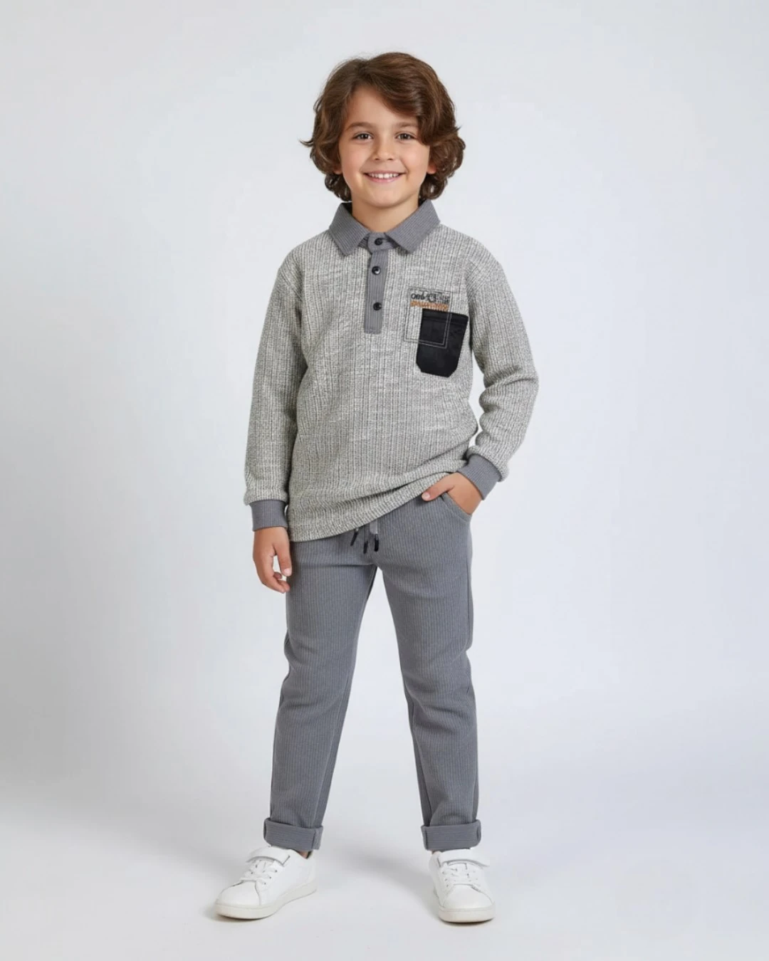 Erkek Çocuk Mevsimlik 4-11 Yaş Gömlek  Yakalı 2'li Alt Üst Şık Takım R1611 - ANTRASİT