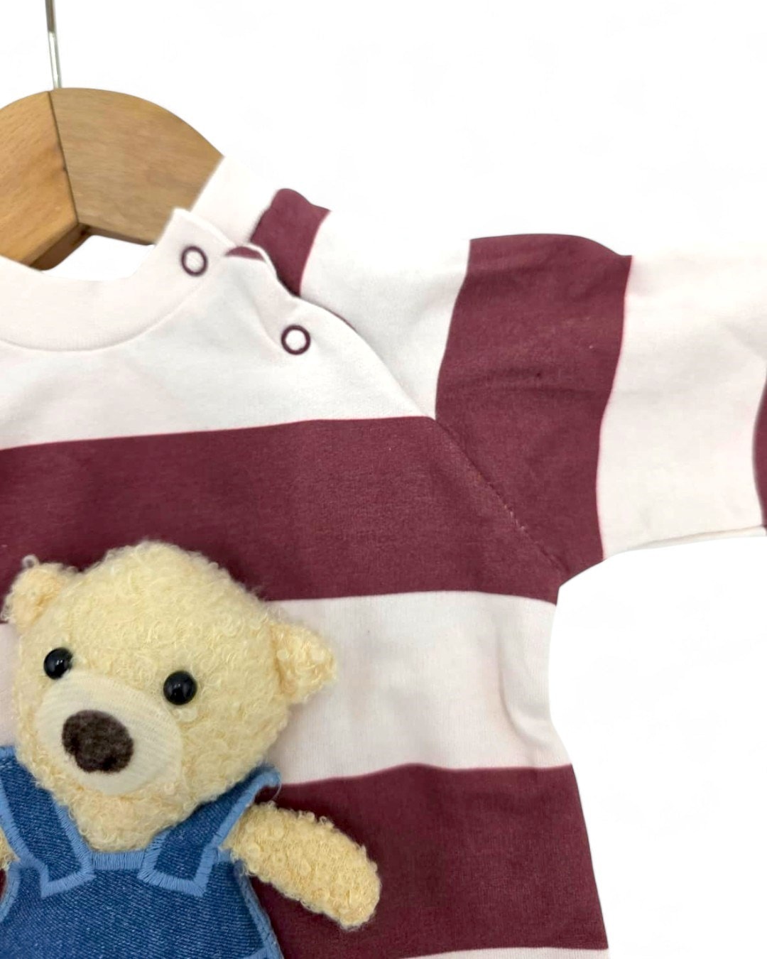 Ayıcık Aksesuarlı Çizgili Alttan Çıtçıtlı 3-12 Ay Bebek Tulumu %100 PAMUK R2021