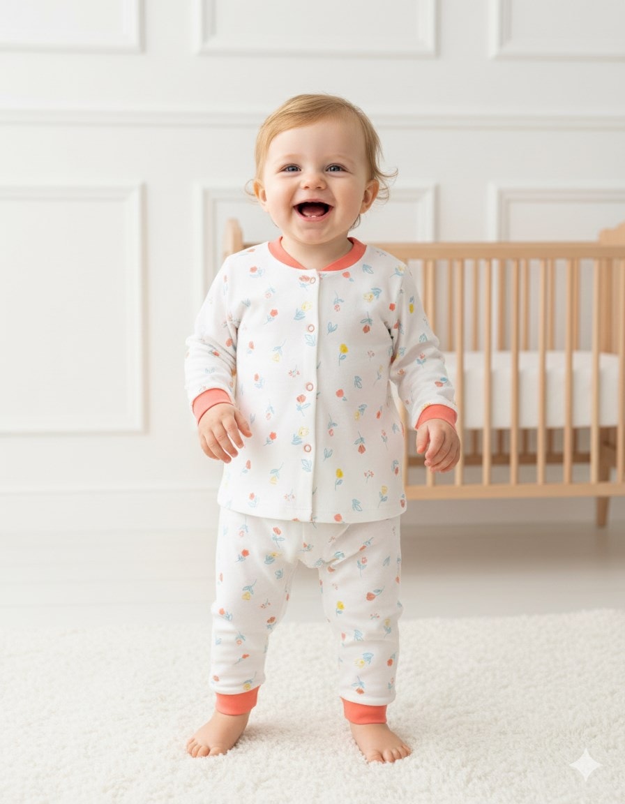 Kız Bebek Çiçekler Baskılı Mevsimlik %100 Pamuklu Çıtçıtlı Gecelik Pijama Takımı l 6-24 Ay R2252