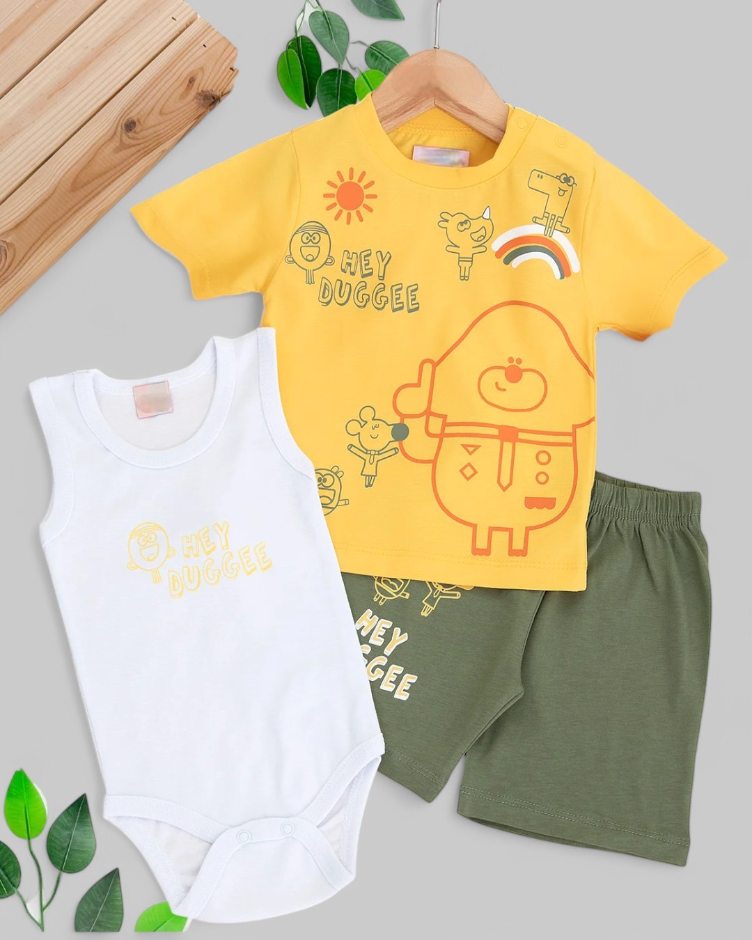 ERKEK BEBEK 3 PARÇA YAZLIK ÇITÇITLI BODYLİ BASKILI İNTERLOK 6-9-12-18-24 AY BEBEK TAKIMI R1689 - SARI