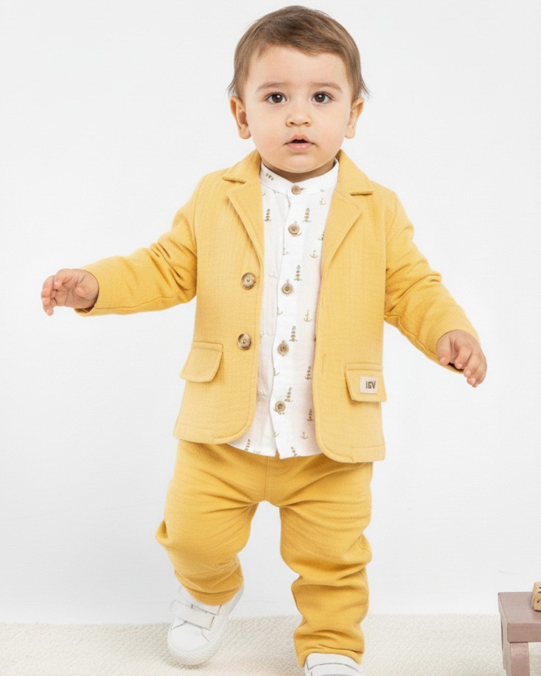 Erkek Bebek Mevsimlik Müslin Şık Takım Elbise, 3-6-9-12-18 Ay Takım Elbise Sarı R1032