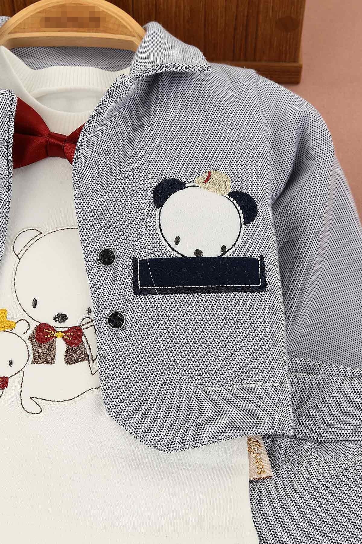 Erkek Yenidoğan  Bebek Papyonlu Yılbaşı Yumuşak Kumaş Alt 3 Parça Üst Takım 0-3 / 3-6 Ay Bayramlık R333