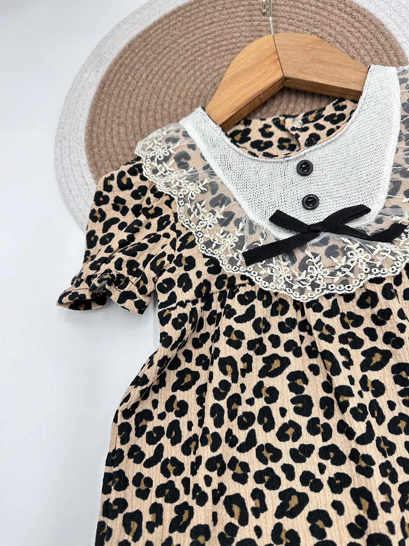 KIZ BEBEK 6-9-12-18-24 AY LEOPAR DESENLİ DANTEL YAKLI BÜRÜMCÜK KUMAŞ ŞIK BAYRAMLIK ELBİSE R1824