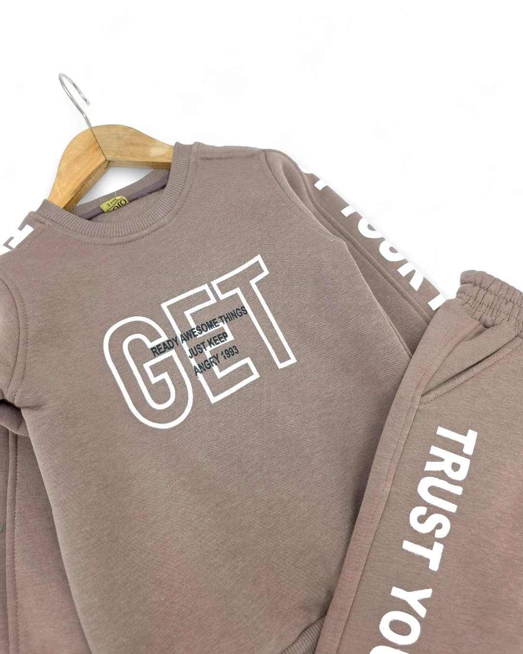 Erkek Çocuk Kışlık 3 İp Şardonlu Get Baskılı Bisiklet Yakalı Eşofman Takımı, Sweatshirt Ve Pantalon  R2273