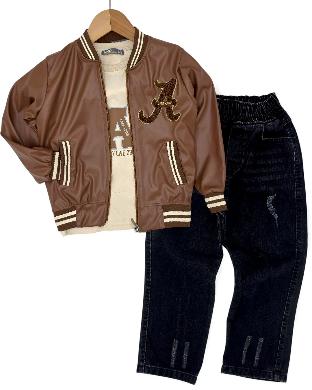 Dar Kalıp ! Erkek Çocuk 5-12 Yaş Deri Ceketli Kot Pantalonlu 3'lü Alt Üst Takım, Erkek Çocuk Jean R2402 - KAHVERENGİ