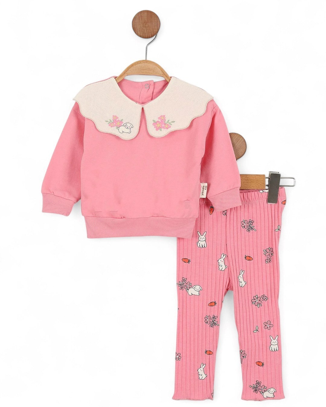 Kız Bebek Tavşan ve Çiçek Baskılı Taytlı 6-9-12-18-24 Ay Şık Kız Bebek Takımı R2091 - PUDRA