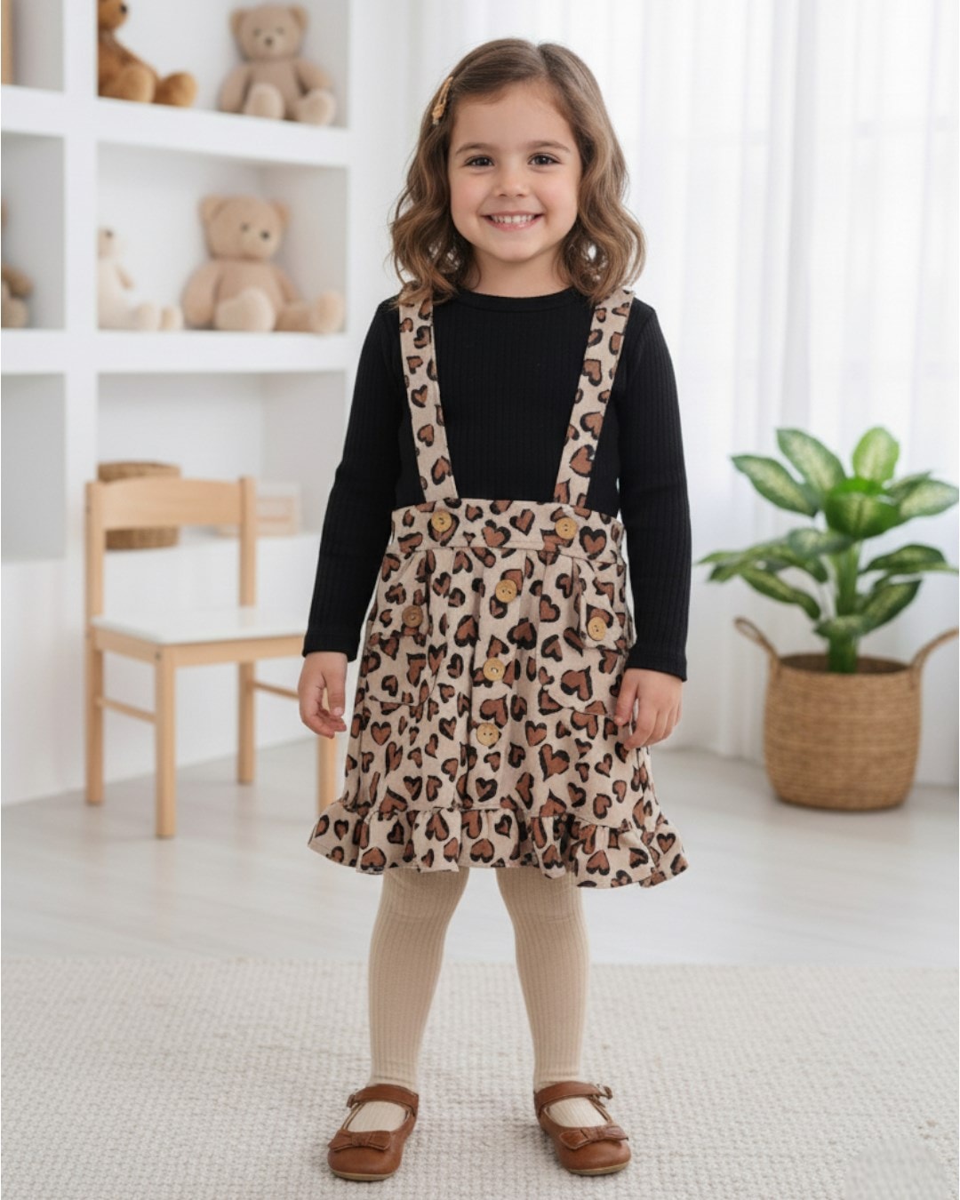 Kız Çocuk Leopar Jile Fitilli Badili Şık Kız Elbise R1589 - BEJ