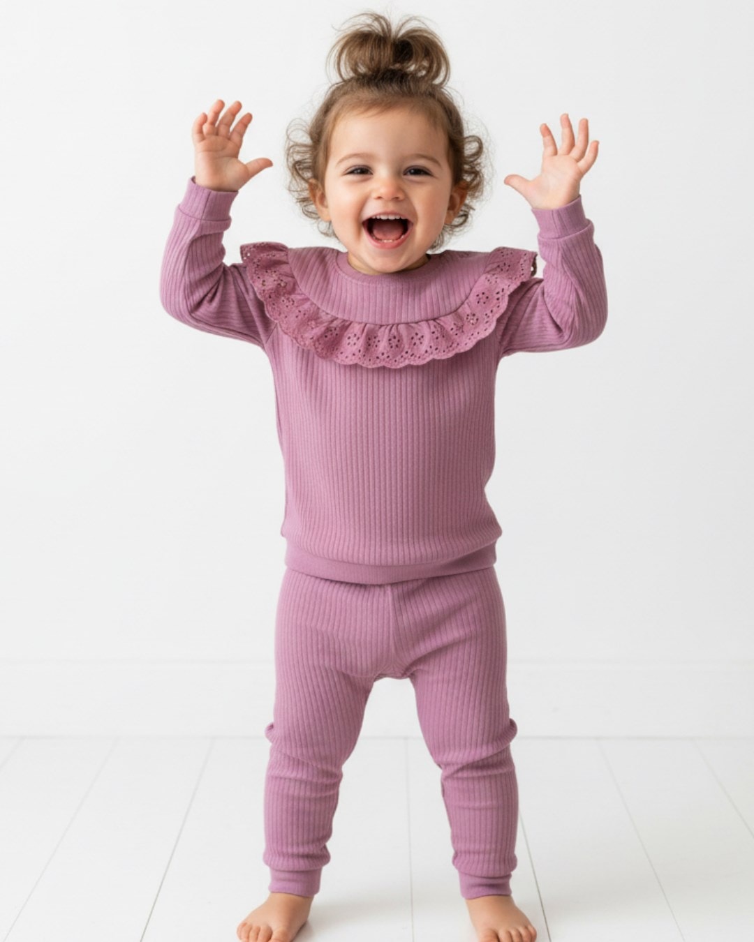 Kız Bebek Gövdesi Fırfır Detaylı, Fitilli Kumaş, Mevsimlik 6-9-12-18-24 Ay Günlük 2'li Alt Üst Takım R2131 - MÜRDÜM