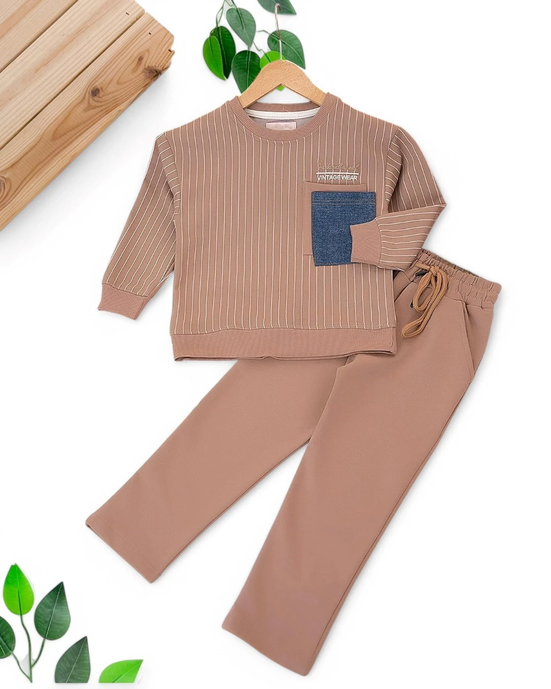 ERKEK ÇOCUK DAR KALIP 4-5-6-7-8-9-10-11 YAŞ ÇİZGİLİ KOT CEPLİ MEVSİMLİK TAKIM  R1659 - VİZON