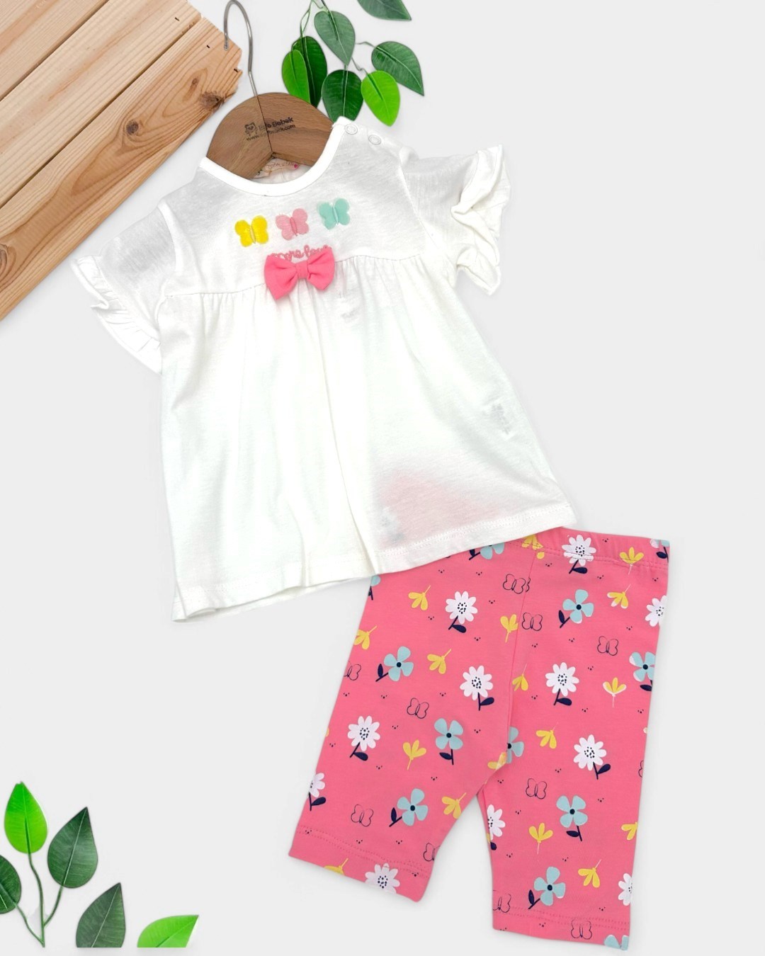 KIZ BEBEK FİYONK DETAYLI YAZLIK 3-6-9-12-18 AY TAYTLI ESNEK TAKIM R1740 - EKRU