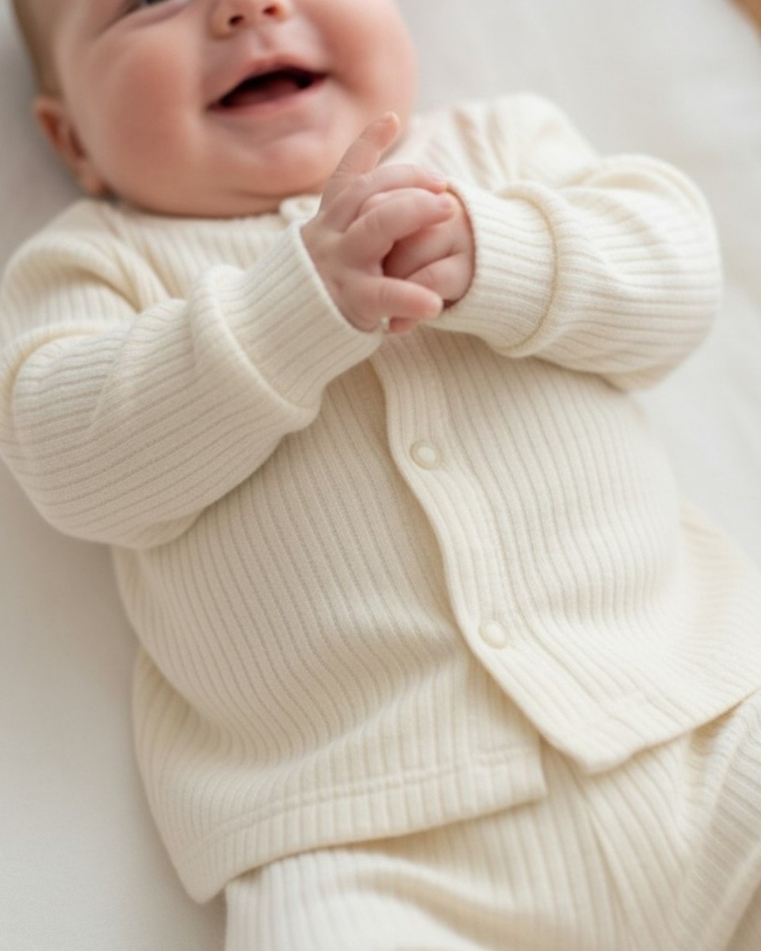 Krem Renk Kız ve Erkek Bebekler İçin Fitilli Çıtçıtlı Mevsimlik 3-6-9-12 Ay Pijama Takımı R1052