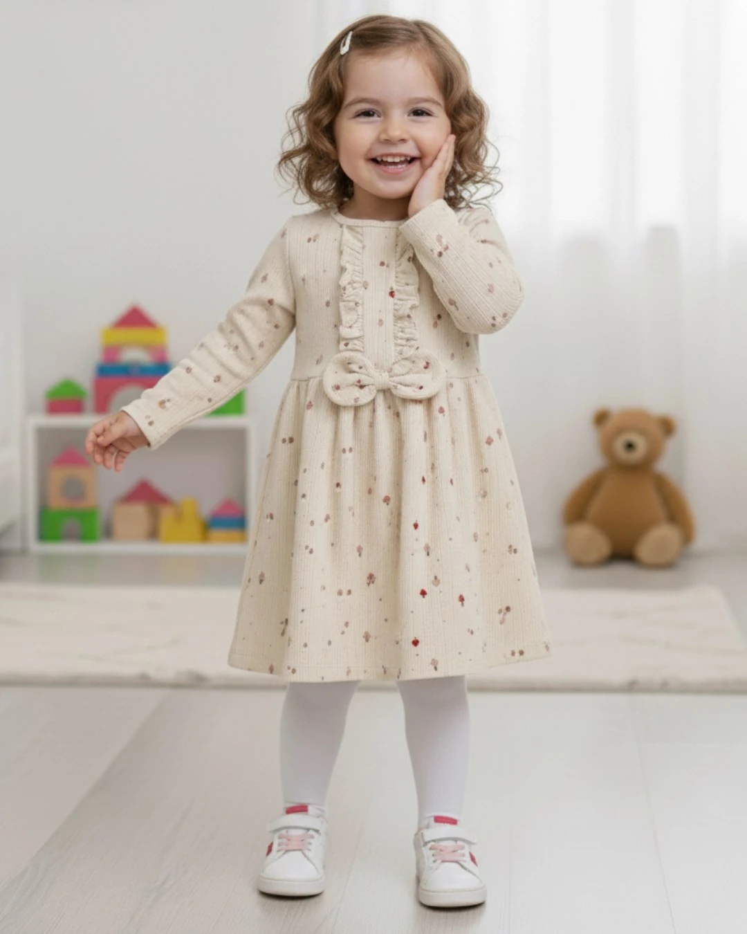 Kız Çocuk Ekru Mantar Desenli Fırfırlı Elbise, Mevsimlik 2-3-4-5-6 Yaş Elbise | Pamuklu & Rahat l R2 - KREM