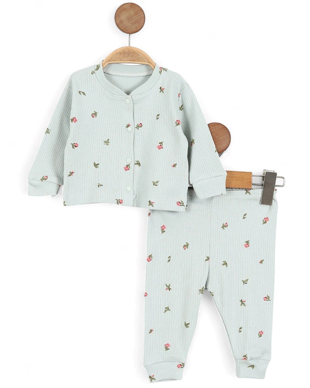 Kız Bebek Lale Baskılı İnce Fitilli Gecelik Pijama Takımı Çıtçıtlı  Alt Üst Takım  R1474 - SU YEŞİLİ