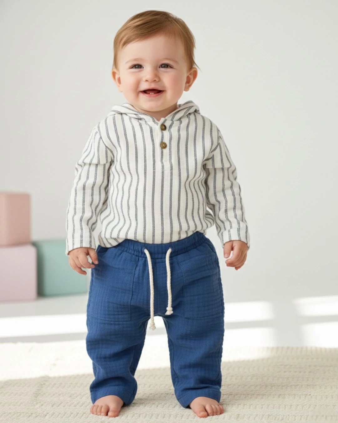 Erkek Bebek Çizgili Müslin Takım, İnce Kapüşonlu 6-9-12-18-24 Ay Müslin Takım R2347