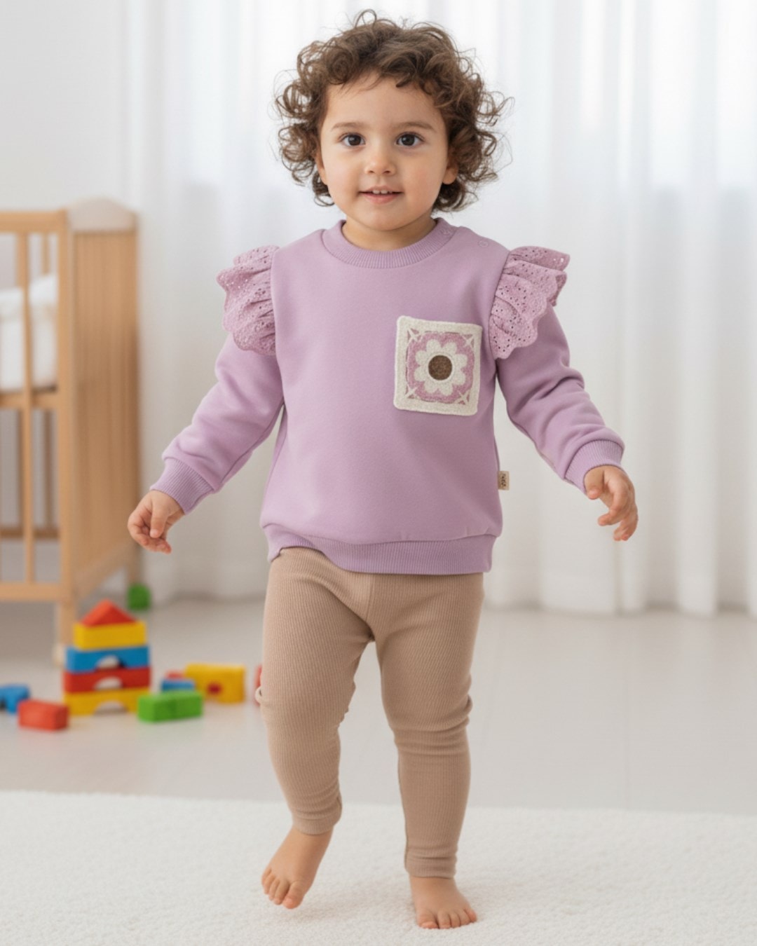Kız Bebek Çiçekli Cep Detaylı Fitilli Taytlı 6-9-12-18-24 Ay Mevsimlik Kız Takım R2120 - MOR