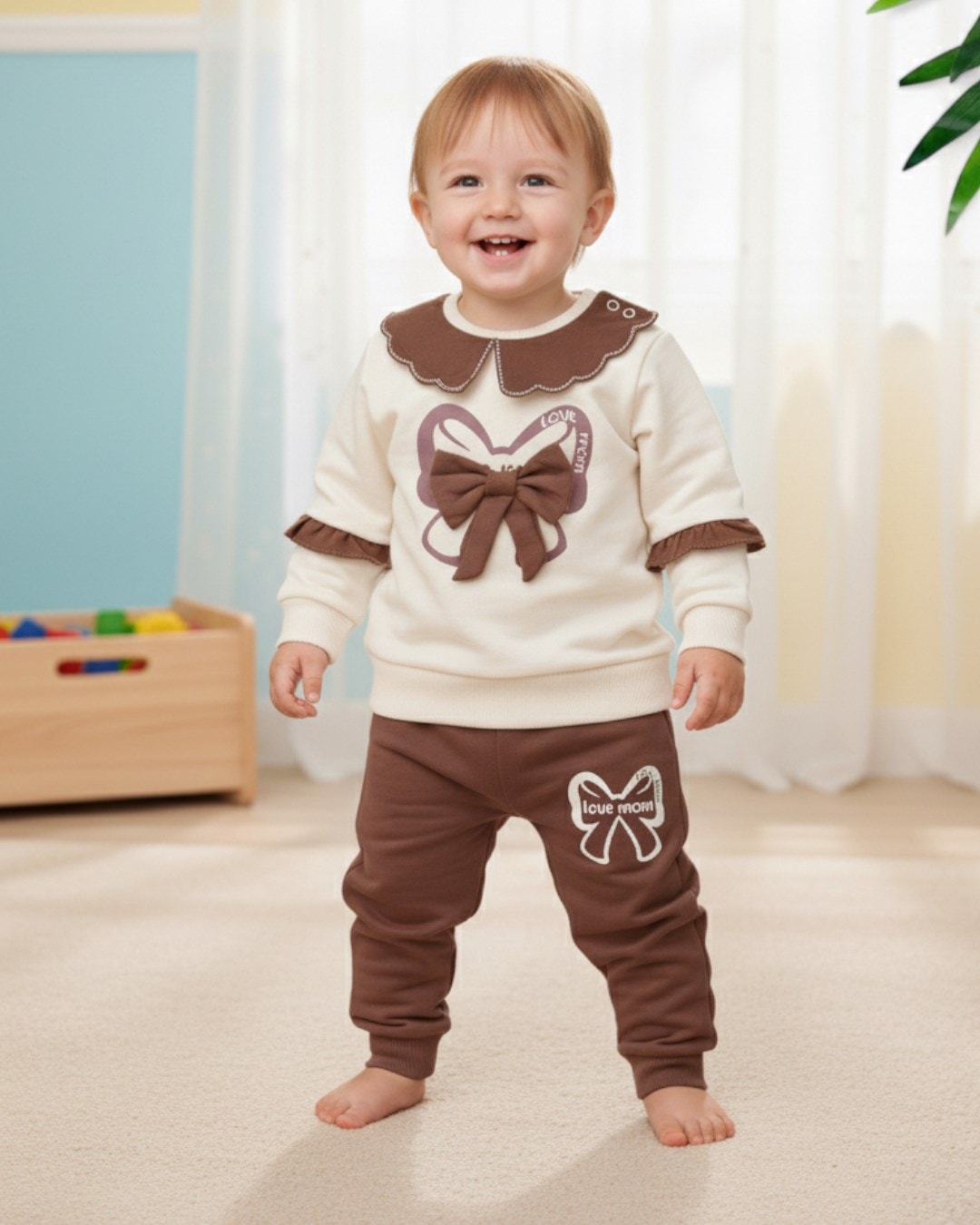 Kız Bebek Fiyonk Aksesuarlı Mevsimlik Dantel Yakalı 6-9-12-18-24 Ay Bebek Takımı R1484 - TABA