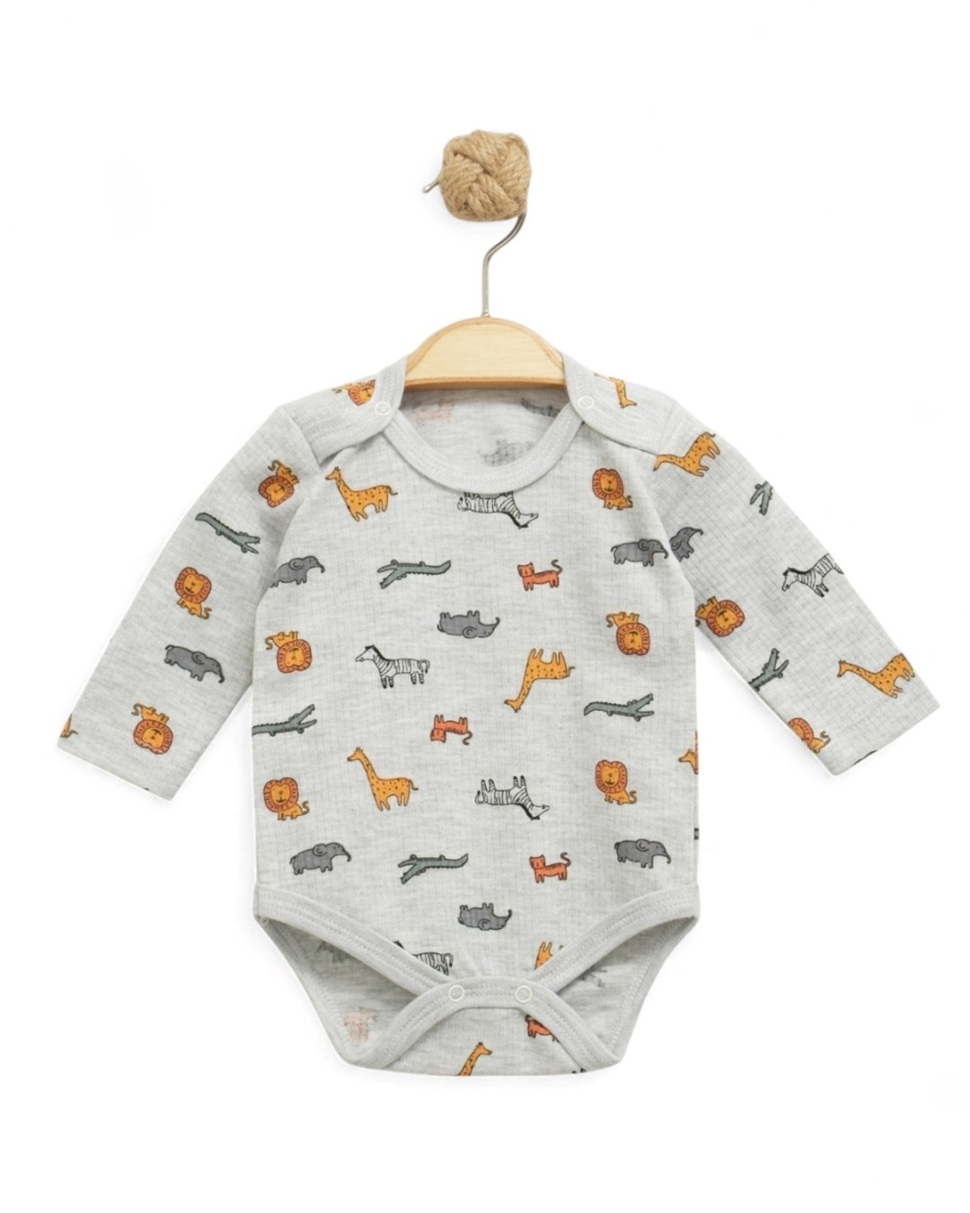 Erkek Bebek Uzun Kollu Hayvanlar Baskıl Fitilli I Bebek Çıtçıtlı Body, Zıbın, Atlet 0-3 Yaş BD15 - GRİ