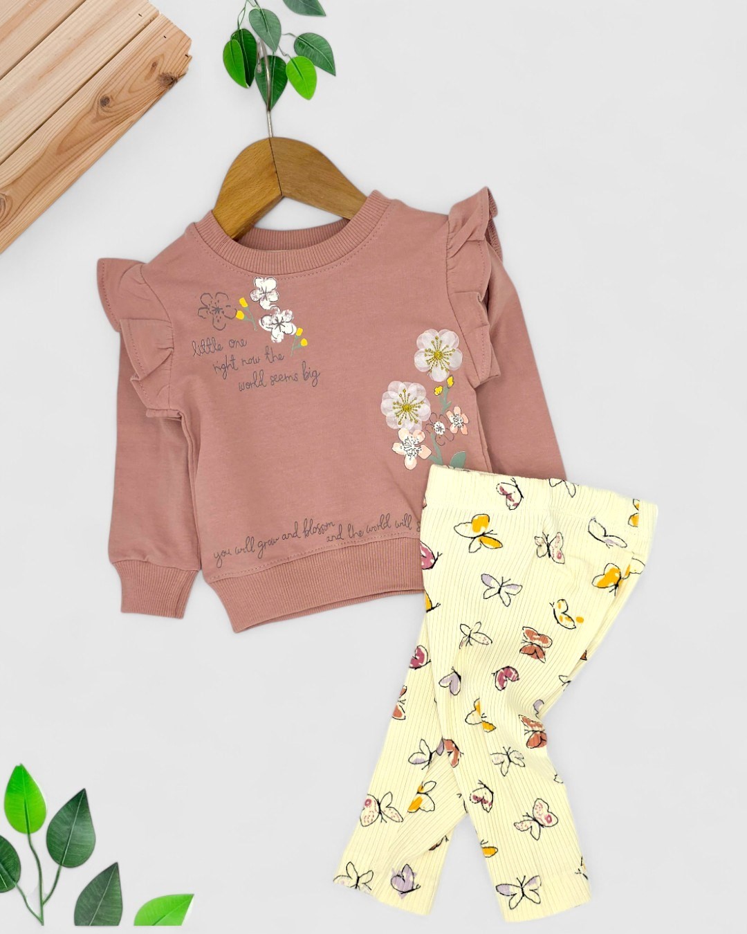 Kız Bebek Mevsimlik Çiçek Desenli 2’li Takım - Fırfırlı Bluz ve Tayt Seti 6-9-12-18-24 Ay Uzun Kollu R1982