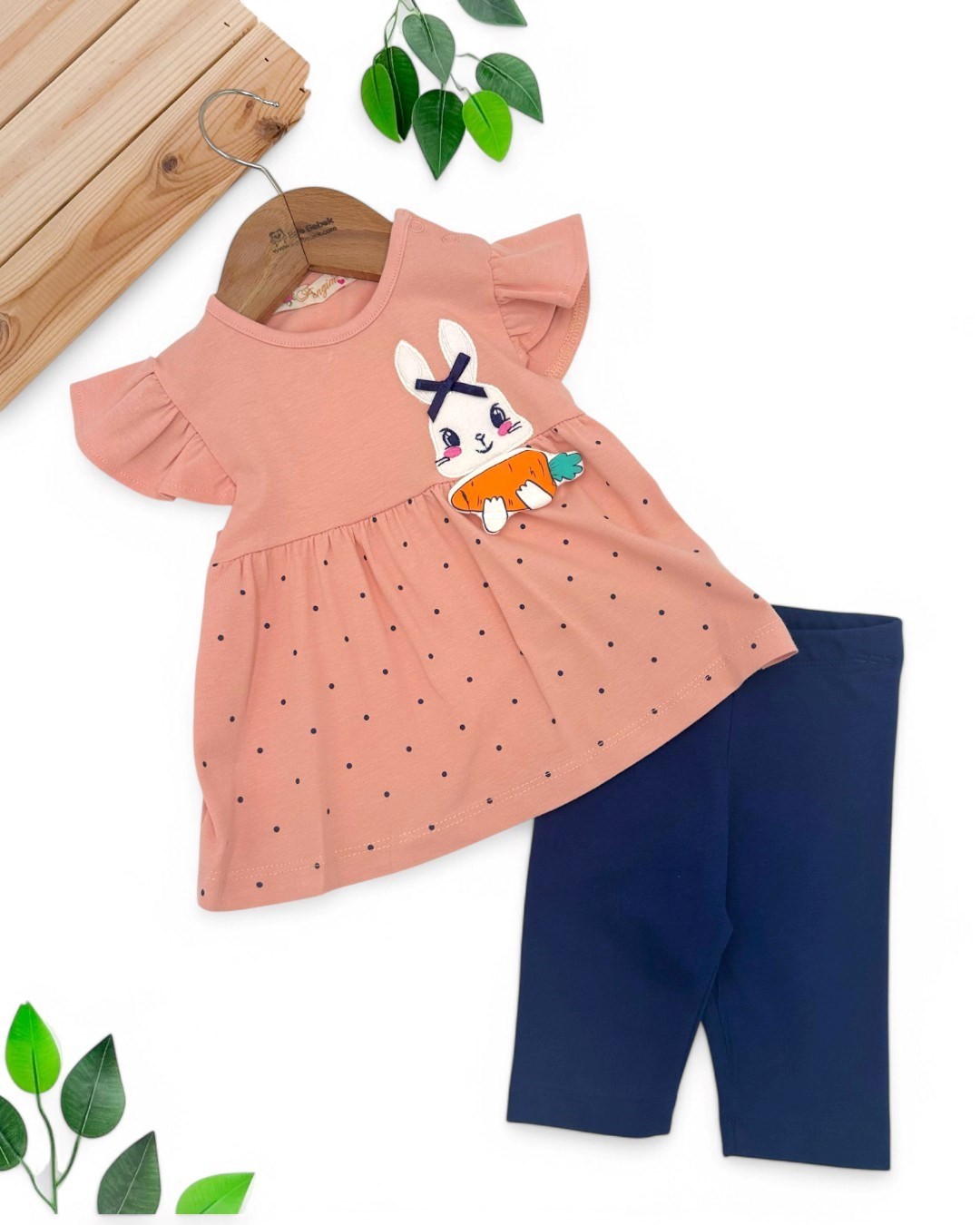 KIZ BEBEK 3-6-9-12-18 AY TAVŞAN VE HAVUÇ DETAYLI YAZLIK LİKRALI ESNEK TAYTLI TAKIM R1738 - SOMON