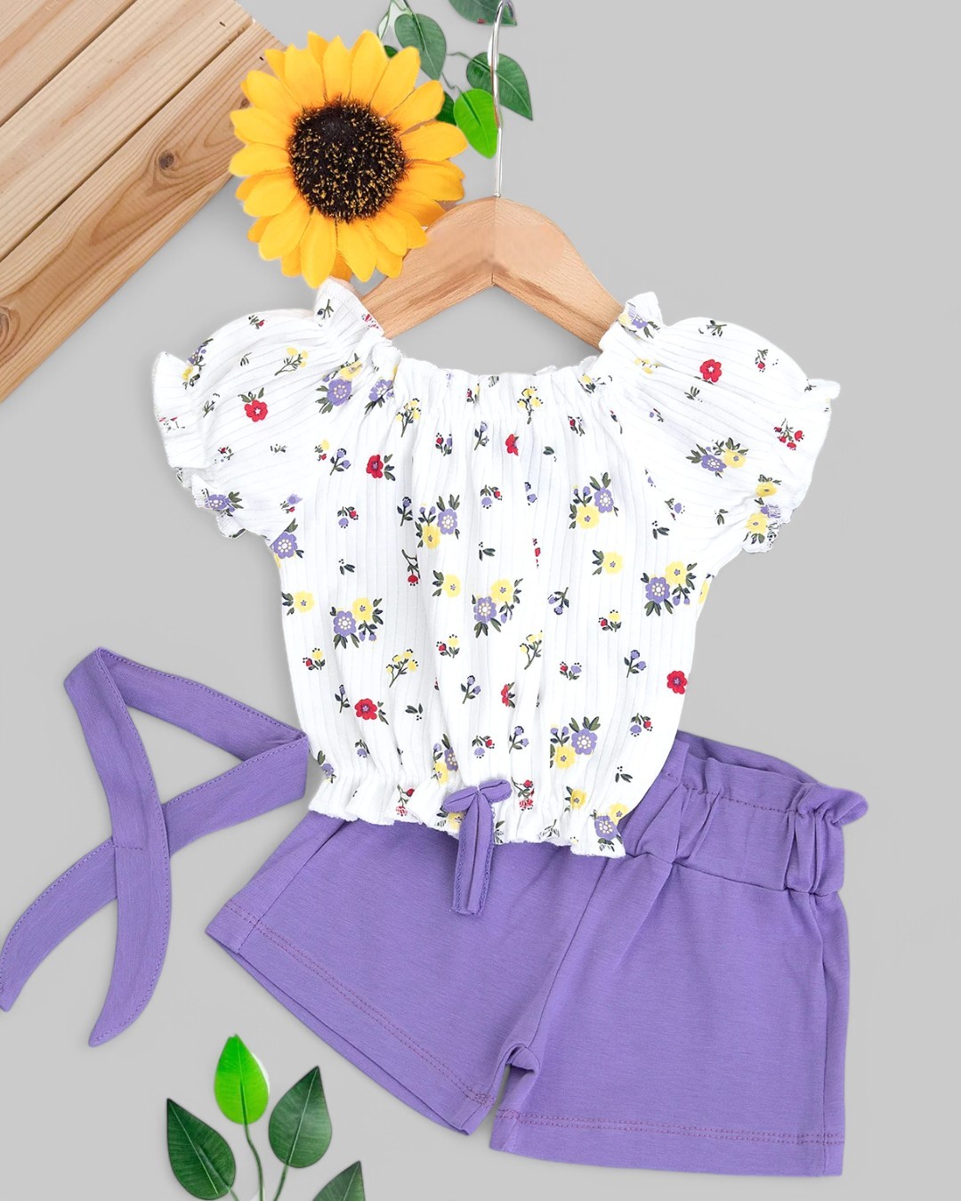 Kız Bebek Bandanalı Yazlık Çiçek Baskılı Interlok Fitilli Kumaş 6-9-12-18-24 Ay  Alt Üst Bebek Takım R1686 - MOR