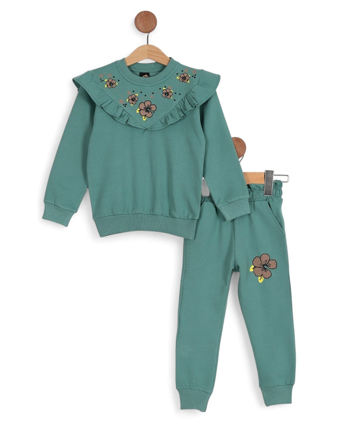 Kız Çocuk Çiçek Baskılı 6-7-8-9-10 Yaş Alt Üst Eşofman Takımı / Eşofman Altlı ve Sweatshirt R2142 - YEŞİL