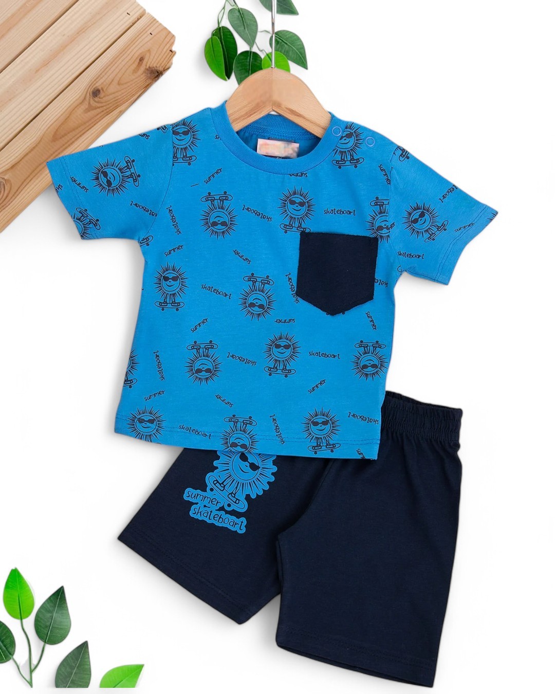 ERKEK BEBEK YAZLIK BASKILI CEP DETAYLI 6-9-12-18-24 AY ŞORTLU BEBEK TAKIMI R1691 - SAKS
