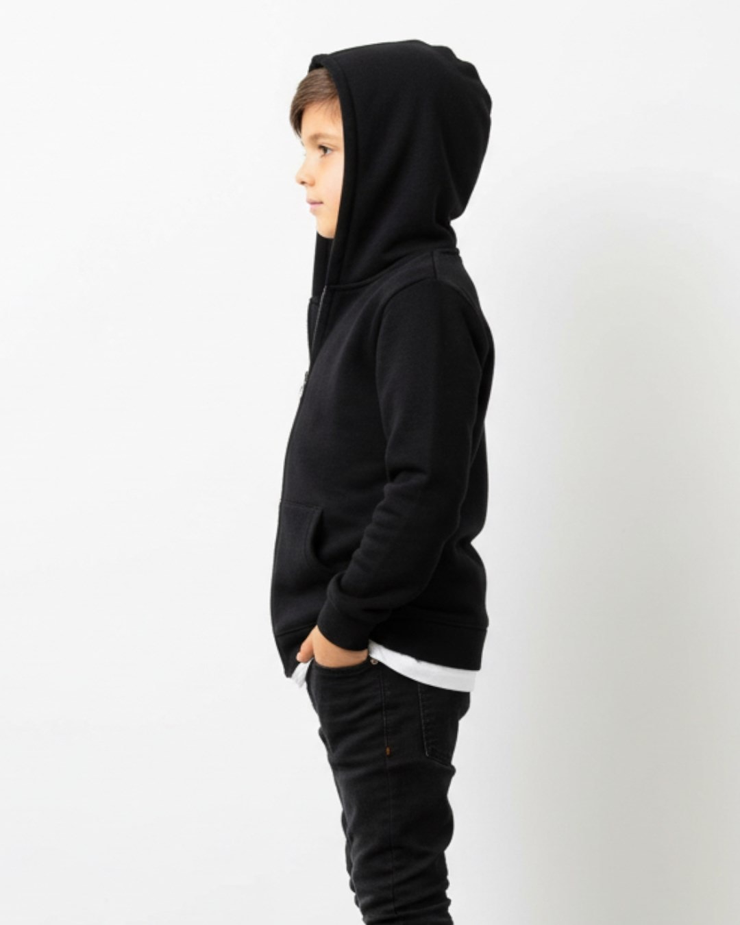 6-16 Yaş Basic Fermuarlı Siyah Kapüşonlu Hırka - Rahat Kışlık Sweatshirt / 3 İp Şardonlu R2216