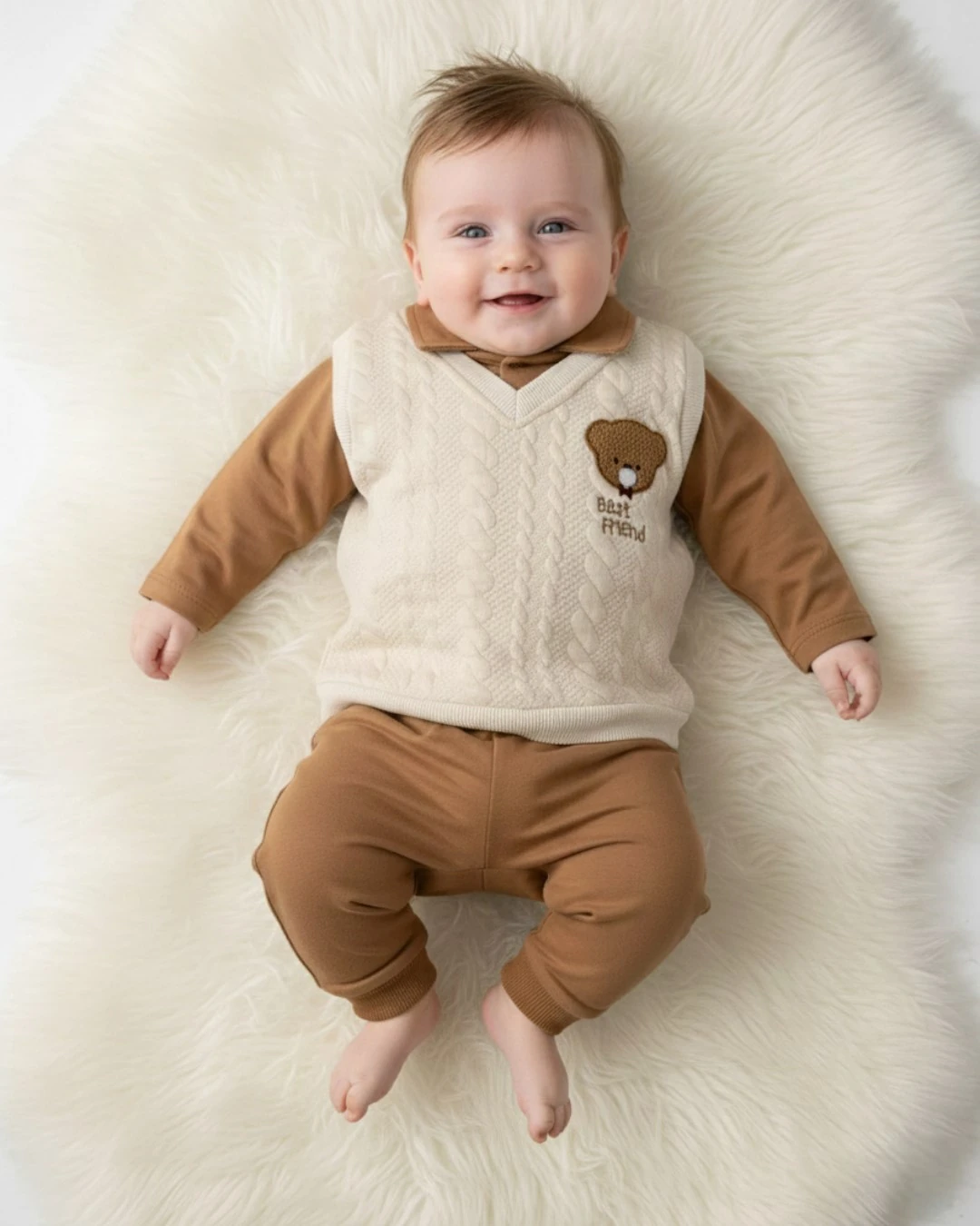 Erkek Bebek Kapitone Süveter Görünümlü Yakalı, 3-6-9-12 Aylık Mevsimlik Bebek Takımı R2400 - KAHVE