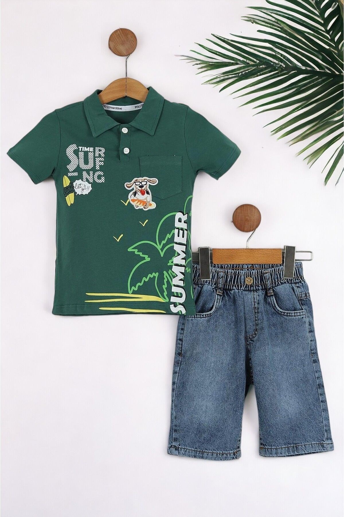 ERKEK ÇOCUK KOT ŞORTLU  SUMMER BASKILI  NAKIŞLI YAZLIK POLO YAKALI COOL ÇOCUK TAKIM 3-6 YAŞ R732 - HAKİ