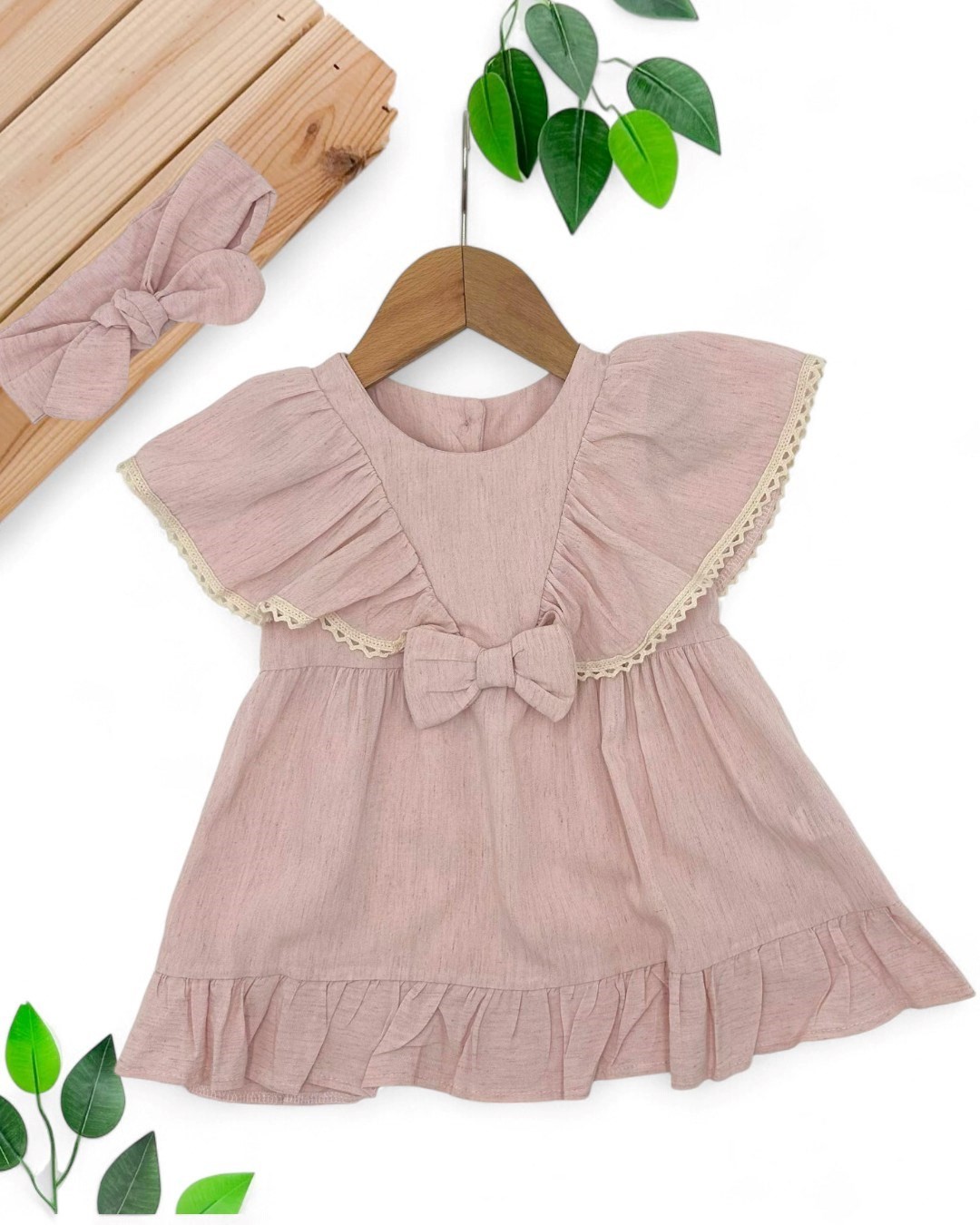 KIZ BEBEK YUMUŞAK İNCE KETEN YAZLIK 3-6-9-12-18 AY MELEK ELBİSE VE SAÇ BANDI / BANDANALI ELBİSE R1828 - PUDRA