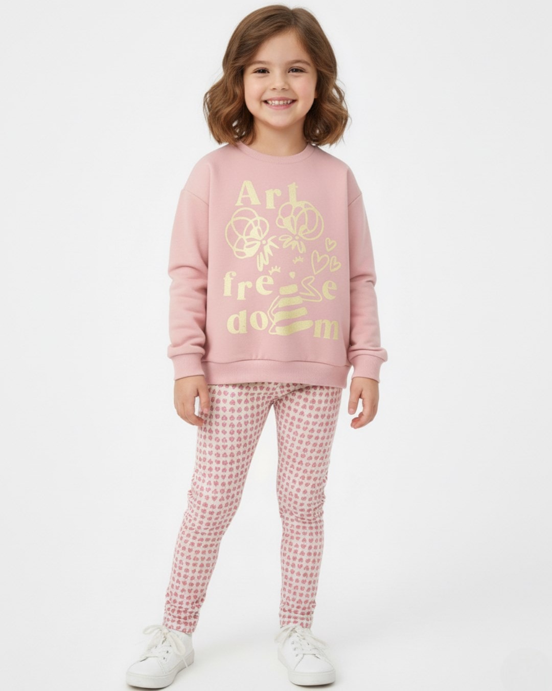 Kız Çocuk Kalp Baskılı Taytlı, Mevsimlik, 2-10 Yaş Sweatshirtlü Alt Üst Taytlı Takım R2318  - PEMBE