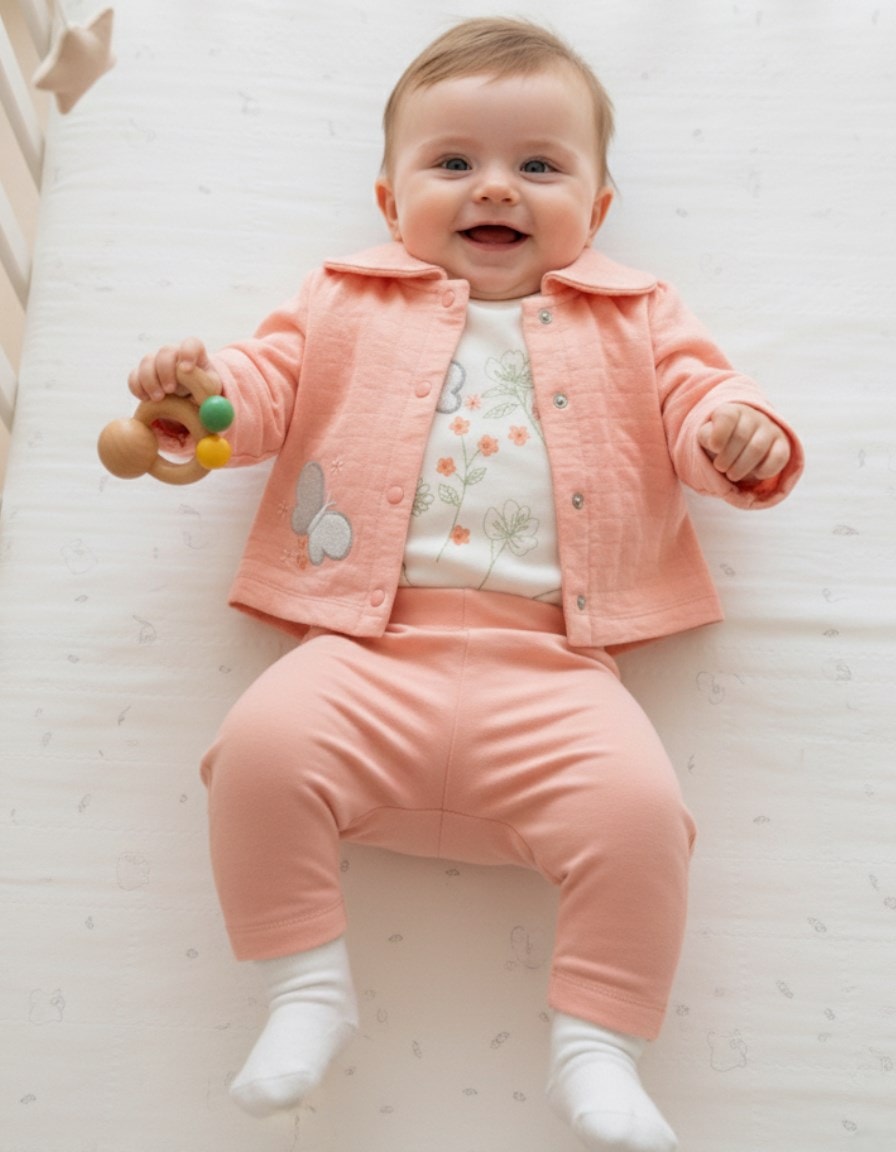 Yeni Doğan 0-3-6-9-12 Ay Kız Bebek Kalp İşlemeli Ceketli 3'lü Takım | %100 Pamuk R2224