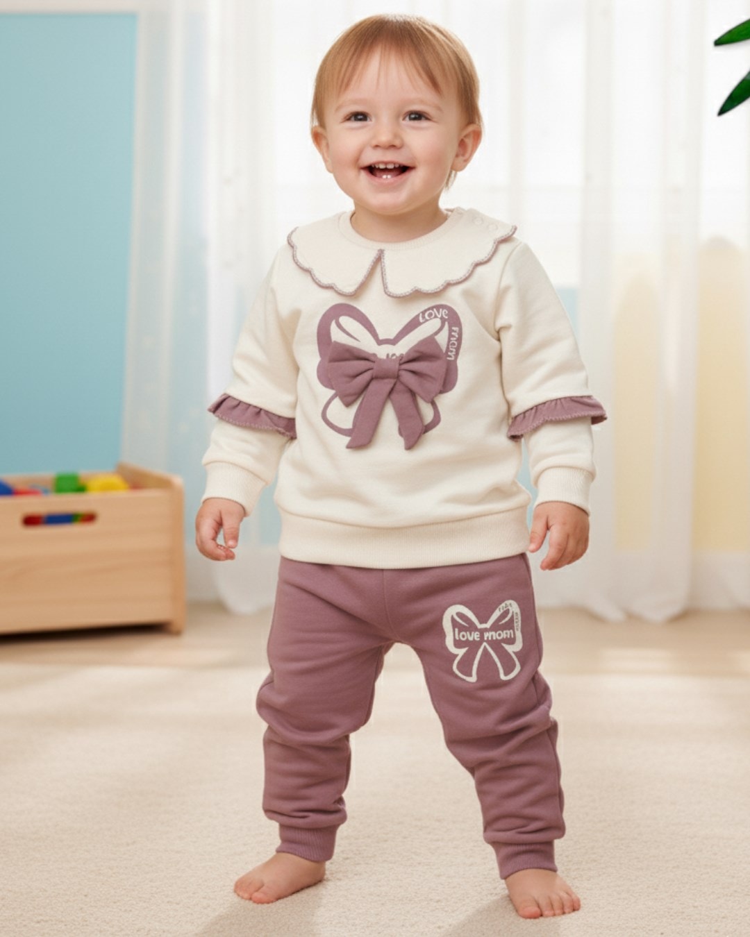 Kız Bebek Fiyonk Aksesuarlı Mevsimlik Dantel Yakalı 6-9-12-18-24 Ay Bebek Takımı R1484 - GÜL KURUSU