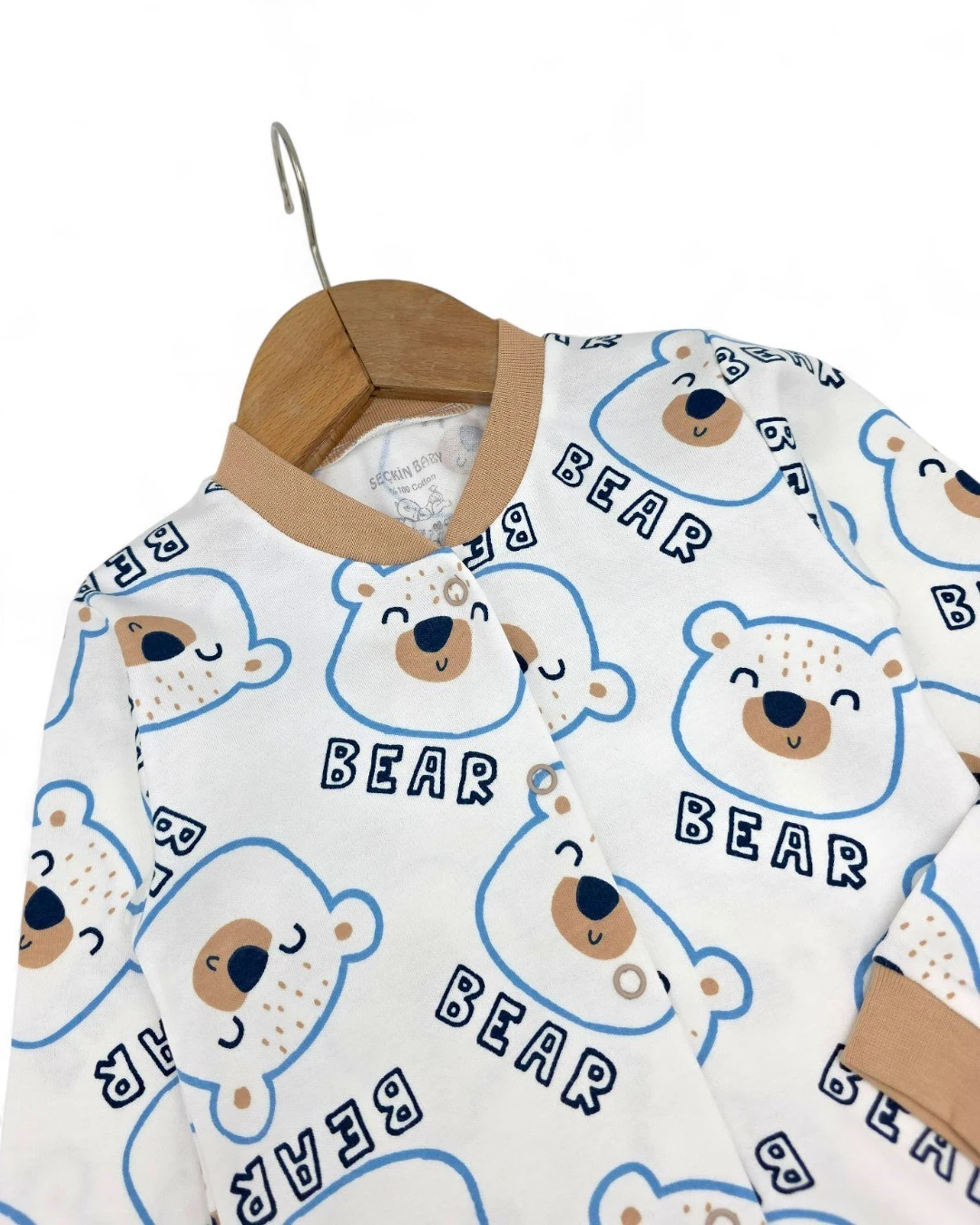 Erkek Bebek Ayıcık Baskılı Mevsimlik %100 Pamuklu Çıtçıtlı Gecelik Pijama Takımı l 6-24 Ay R2252