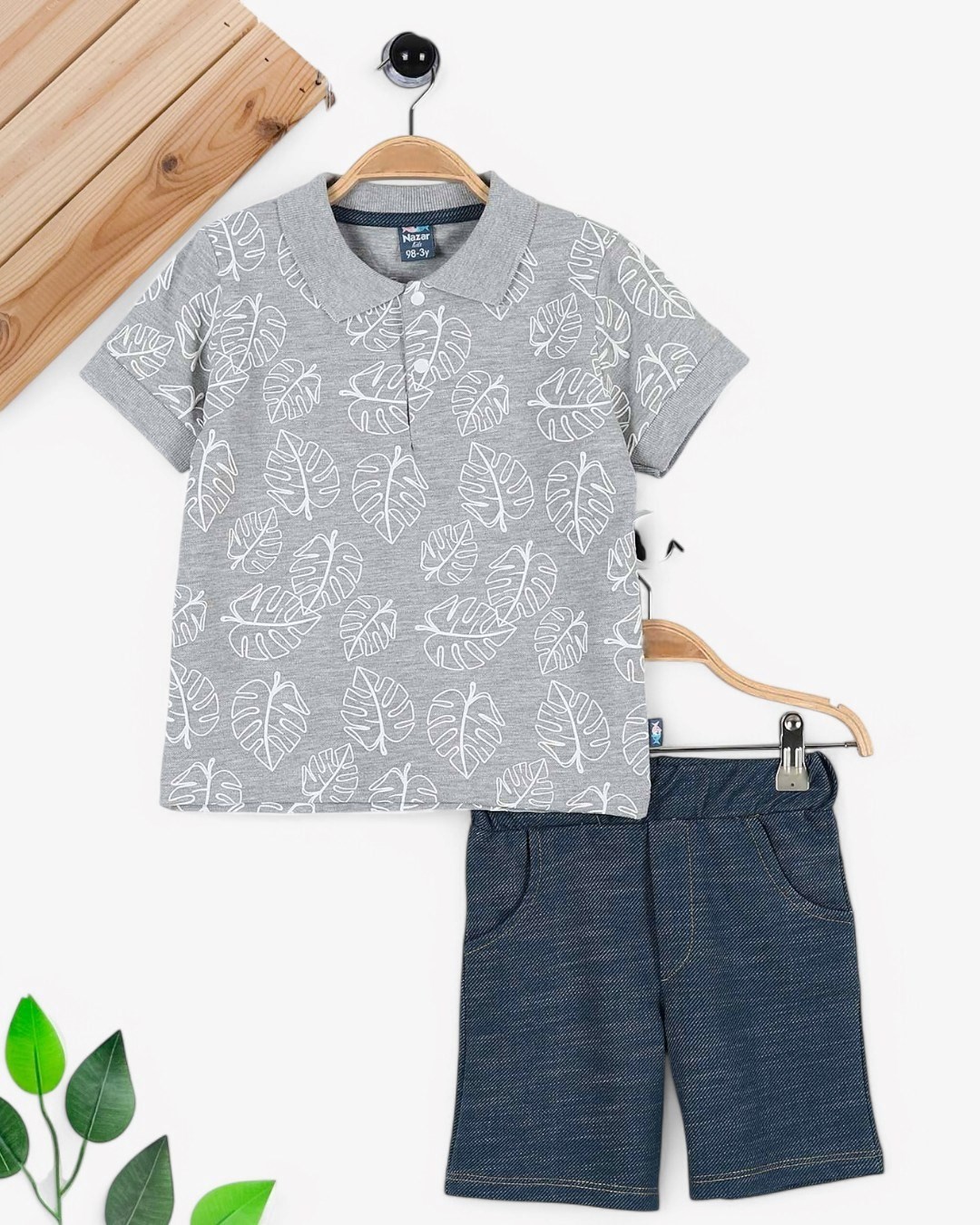 ERKEK ÇOCUK YAPRAK BASKILI YAZLIK POLO YAKA T-SHIRTLU ŞORTLU 2-10 YAŞ ÇOCUK TAKIMI R1711 - GRİ