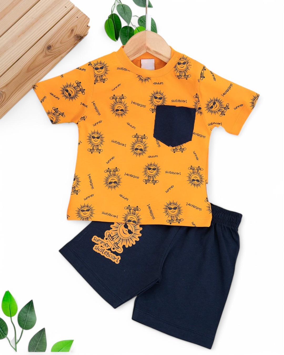 ERKEK BEBEK YAZLIK BASKILI CEP DETAYLI 6-9-12-18-24 AY ŞORTLU BEBEK TAKIMI R1691 - TURUNCU