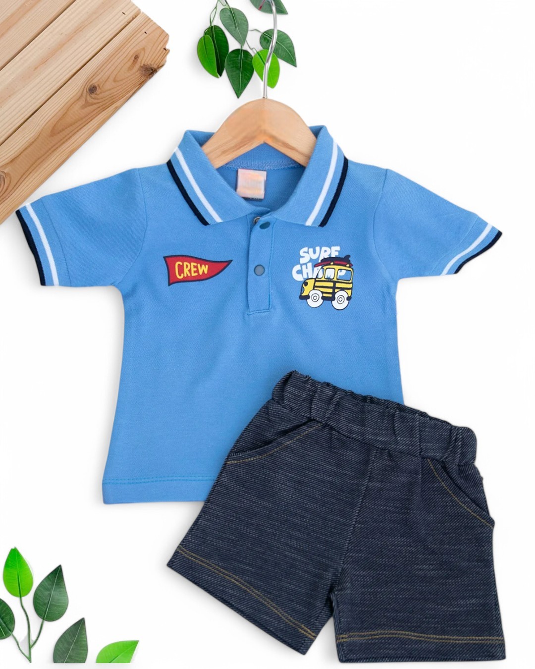 ERKEK BEBEK YAZLIK POLO YAKALI KOT GÖRÜNÜMLÜ YUMUŞAK ŞORTLU 2'Lİ 6-9-12-18-24 AY BEBEK TAKIMI R1693 - SAKS