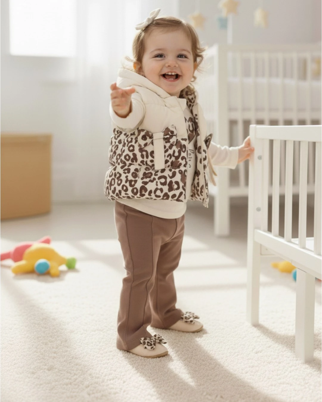 Kız Bebek Leopar Desenli Şişme Yelekli, İspanyol Paça Taytlı Mevsimlik 3'lü Şık Kombin l Takım R2372