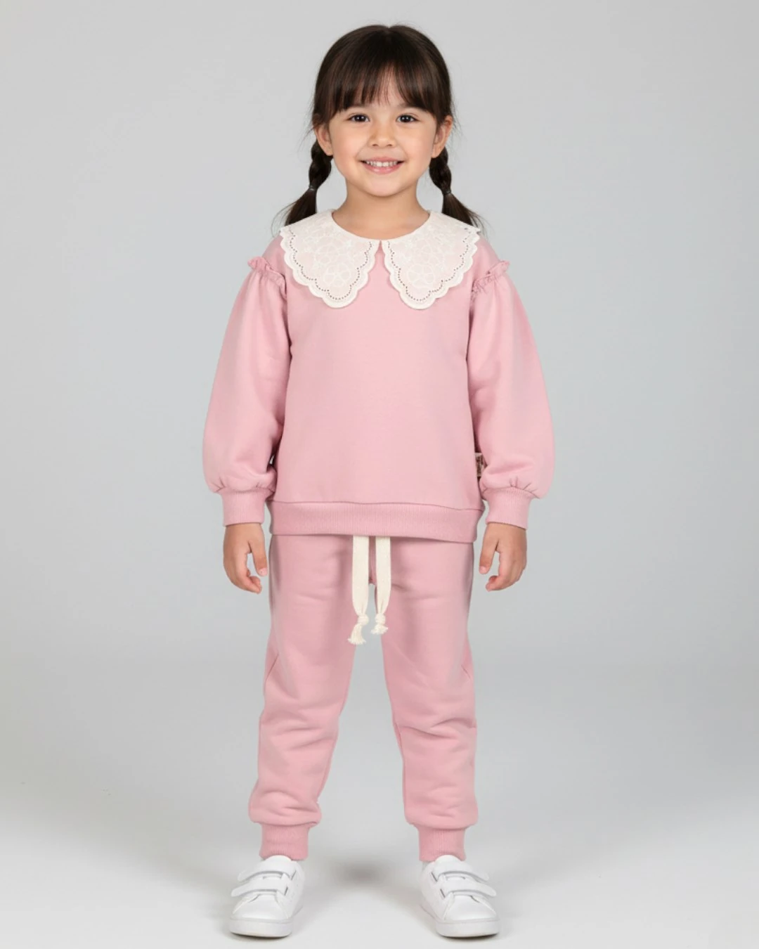 Kız Çocuk Basic Mevsimlik Brode Dantel Yakalı, %100 Pamuklu Kolu Fırfırlı, Şık Eşofman Takımı  R556 - PUDRA