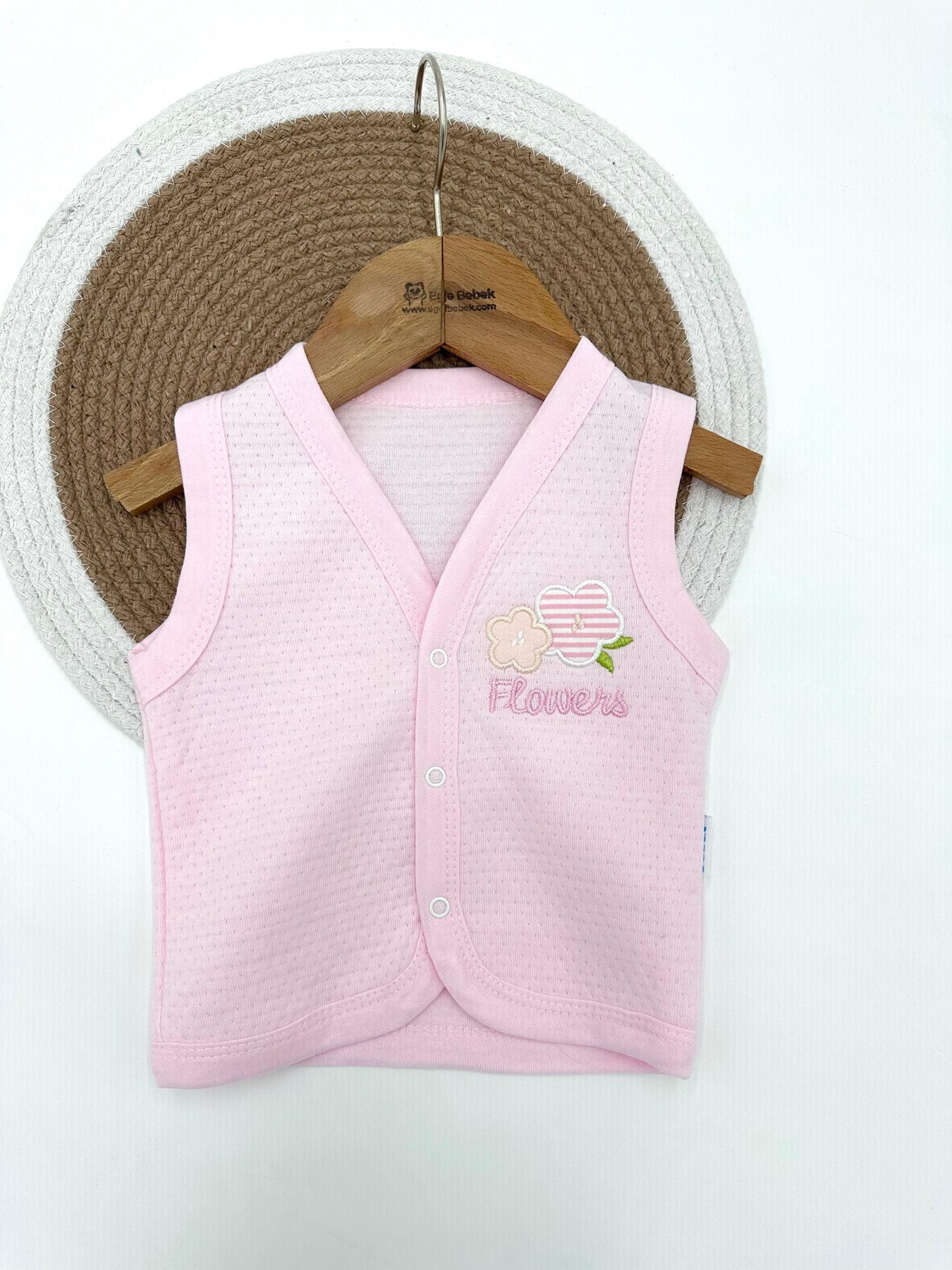 KIZ BEBEK KAPİTONU KUMAŞ ÇİÇEK NAKIŞLI 3-6-9-12-18 AY YELEK R1504 - PEMBE
