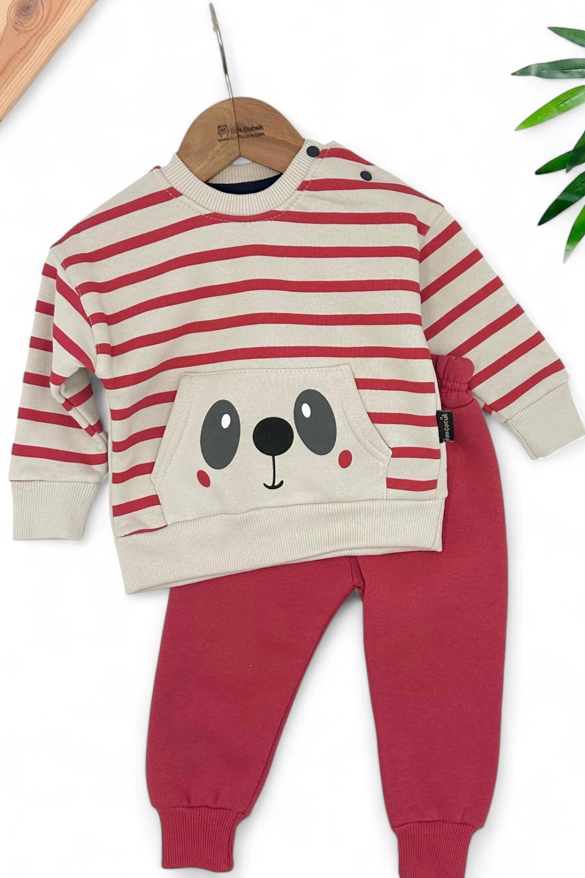 ERKEK ÇOCUK ÇİZGİLİ SEVİMLİ PANDA BASKILI KIŞLIK 3 İP ŞARDONLU POLARLI BEBEK TAKIMI R1455 - KIRMIZI