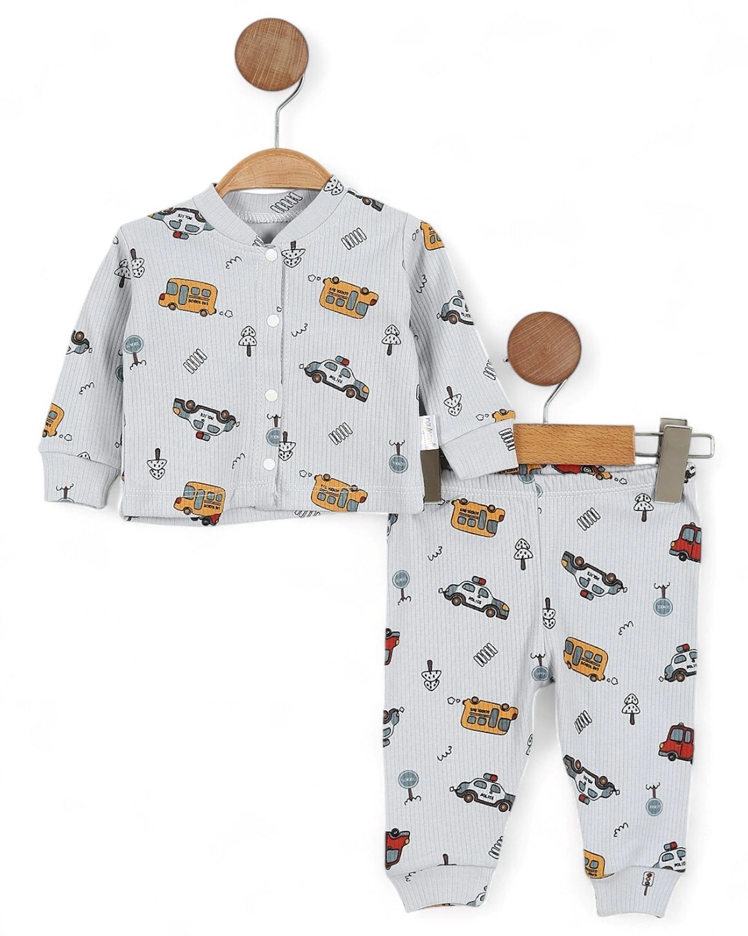 Erkek Bebek Araba Baskılı İnce Fitilli Gecelik Pijama Takımı Çıtçıtlı  Alt Üst Takım  R1474 - GRİ