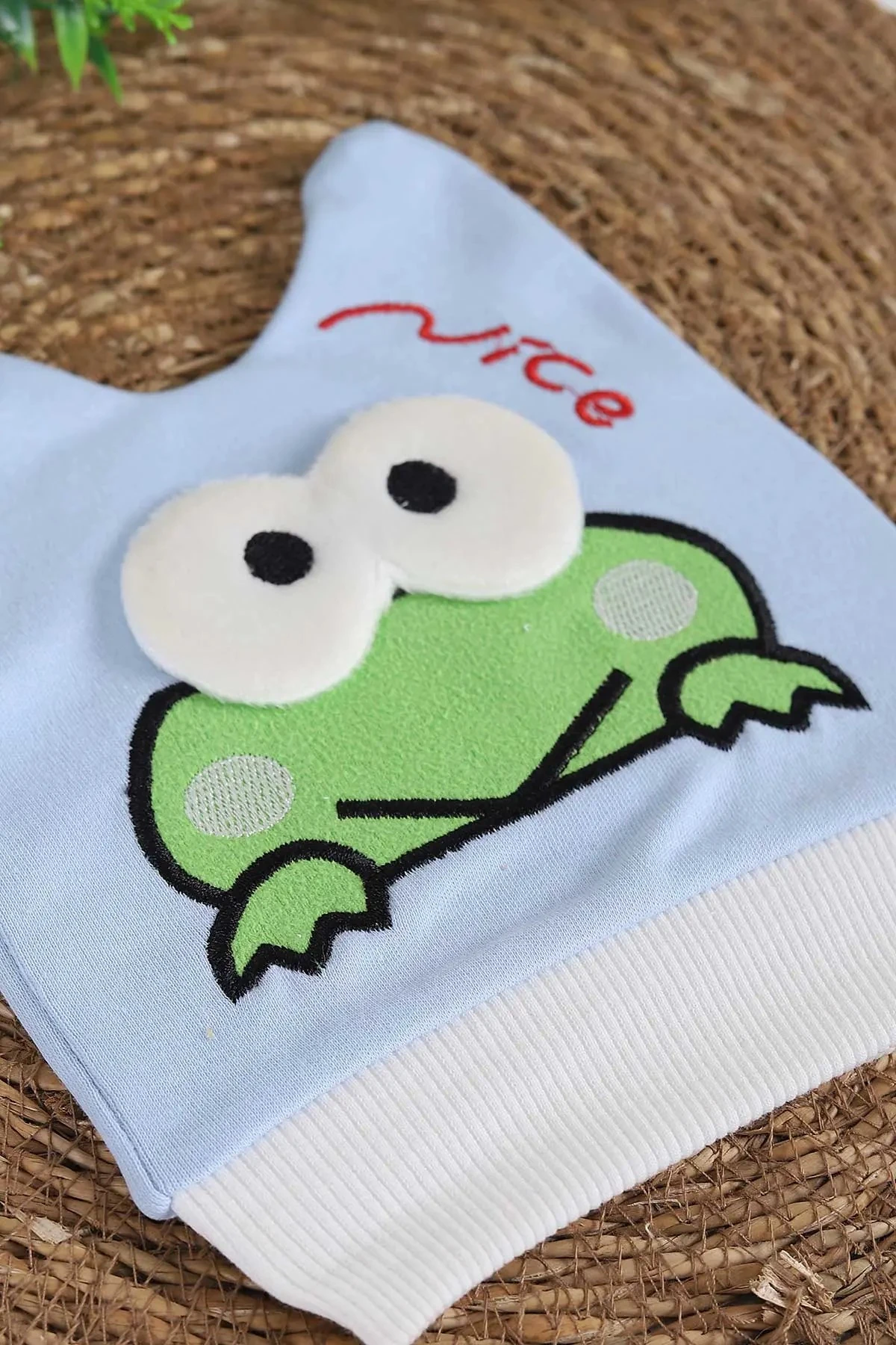 Kurbağa Nakışlı Yeni Doğan Penye Bebek Beresi BR39