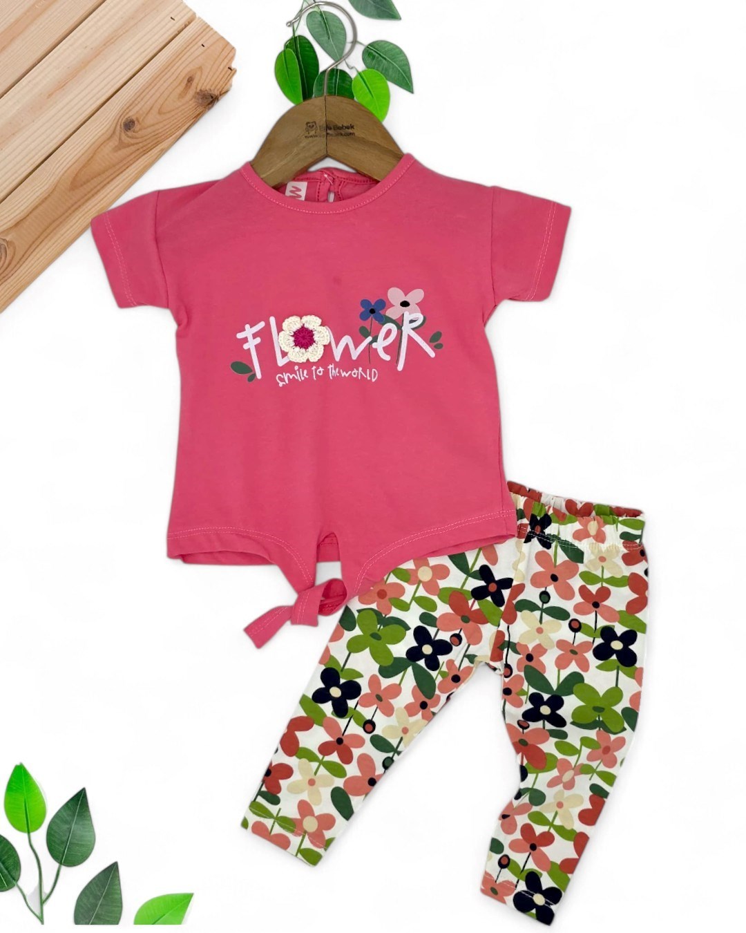 KIZ BEBEK ÇİÇEK BASKILI YAZLIK 3-6-9-12-18 AY TAYTLI ALT ÜST TAKIM R1952 - PEMBE