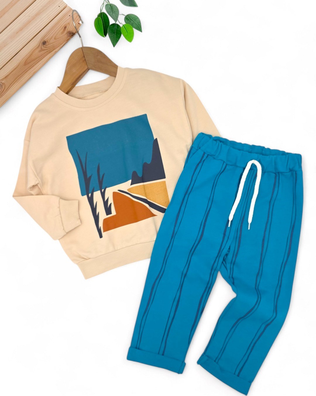Erkek Çocuk Manzara Baskılı Sweatshirt, Çizgili Pantalonlu Özgün Tasarım Alt Üst Eşofman Takımı R2083 - PETROL