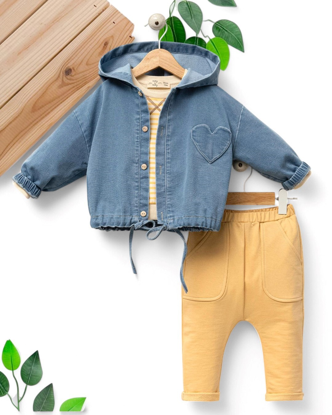 KIZ BEBEK MEVSİMLİK KOT CEKETLİ 3-6-9 AY 3 PARÇA ŞIK BAHARLIK TAKIM R1669 - HARDAL