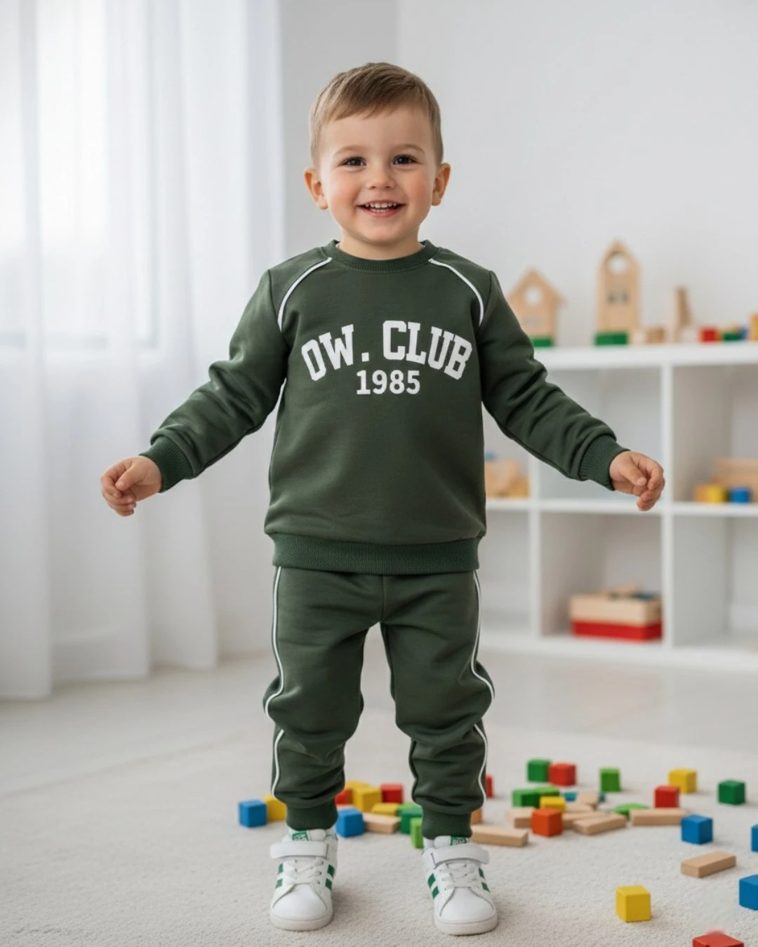 Erkek Çocuk Mevsimlik 2 İplik Baskılı 2'li Alt Üst Takım, 2-3-4-5-6 Yaş Eşofman Takımı R2396 - HAKİ