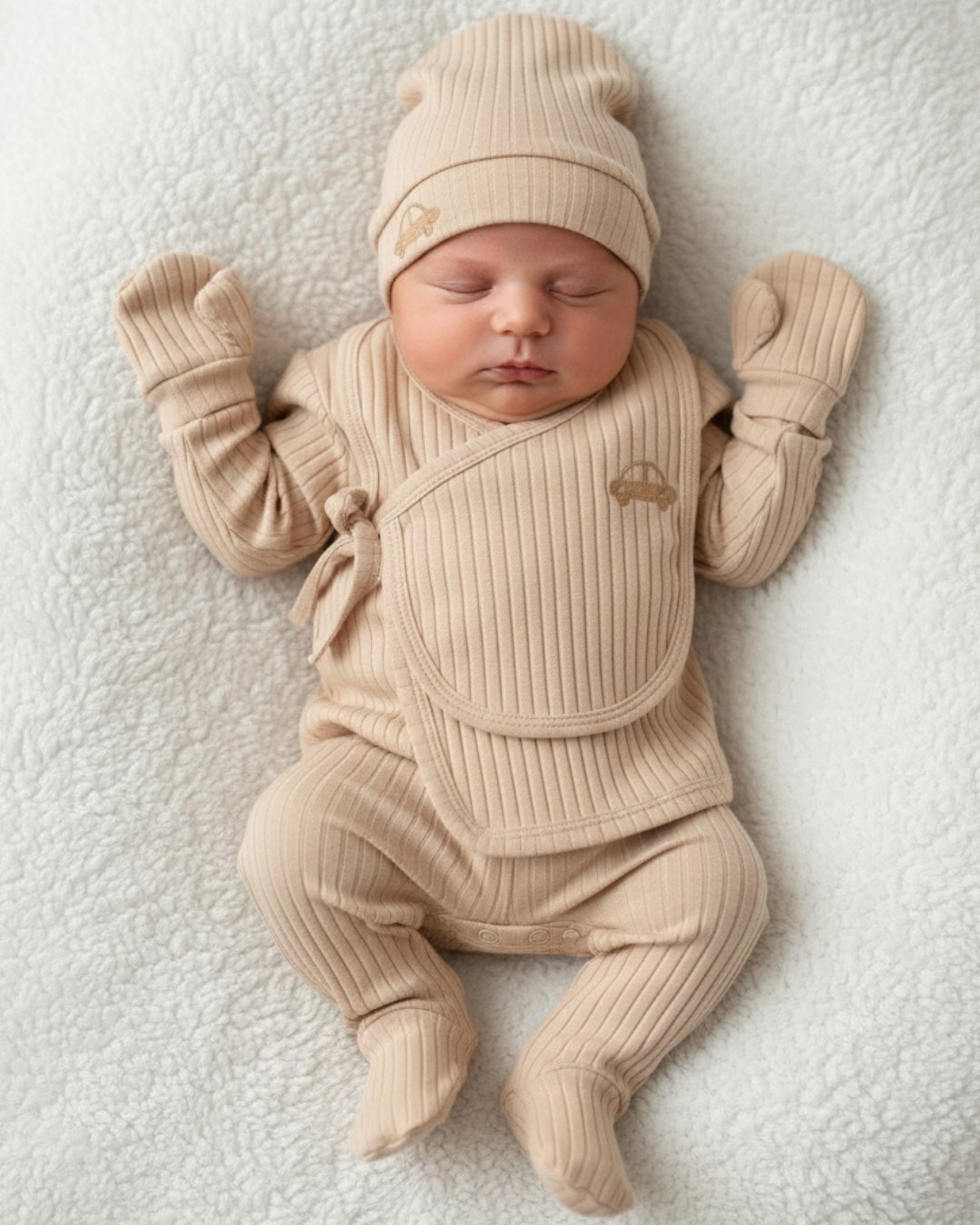 Erkek Bebek Araba Baskılı 5 Parça Hastane Çıkışı Zıbın Seti R1809 - BEJ